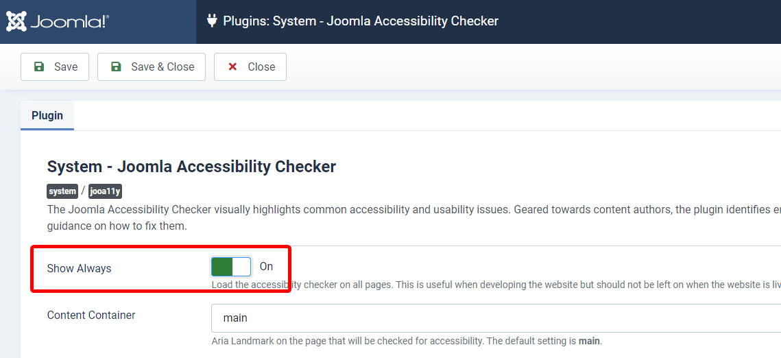 screenshot of the jooa11y pligin settings highlighting the show all options